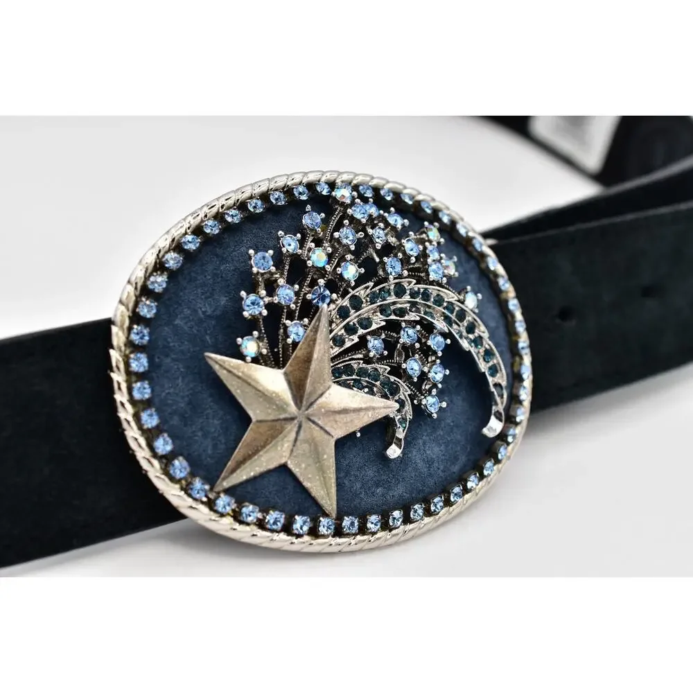 3G Buckles Black Suede Belt L 36-38 Celestial Star Blue Rhinestone Buckle Y2K